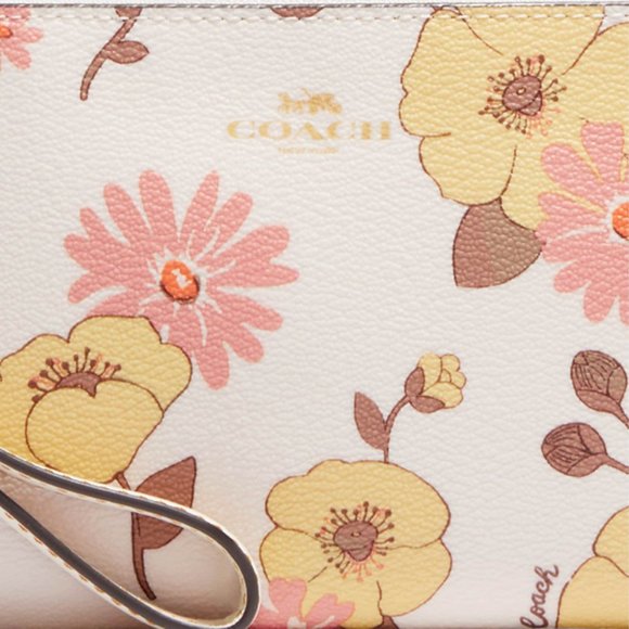 🌸 Coach Corner Zip Wristlet With Floral Cluster Print Gold/Chalk Multi - Picture 5 of 10